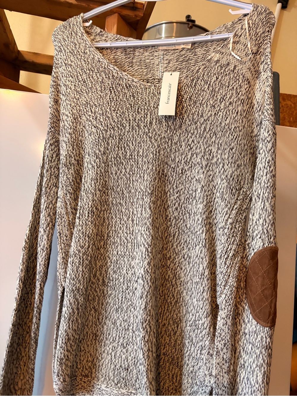 Harper Cream and Brown Marled Knit Tunic with Quilted Elbow Patches